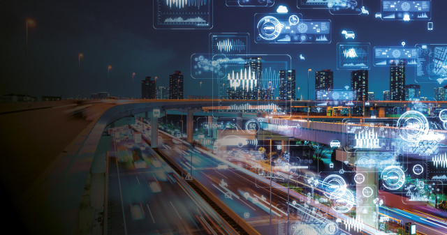 artistic composition of digital vehicle statistics over a cityscape